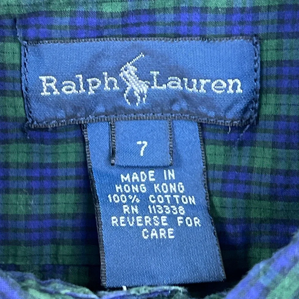 Ralph Lauren Boy's Shirt Green Check Button‎ Up Collared Long Sleeve Youth S 7